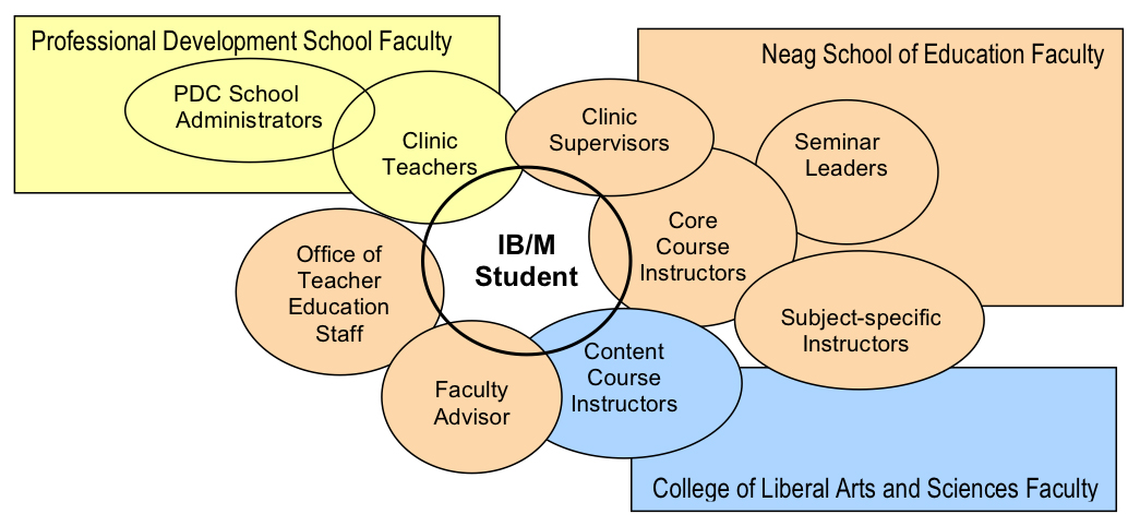 Professional development school faculty, Neag School of Education faculty, and College of Liberal Arts and Sciences faculty all help guide the IB/M student.